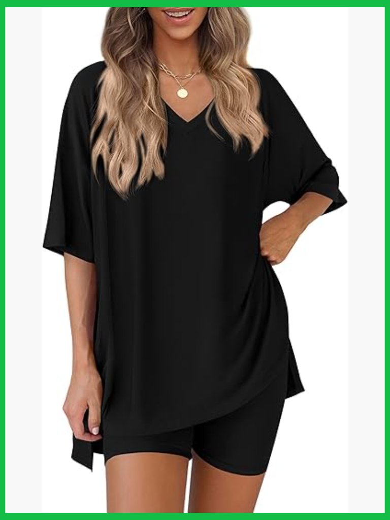 2 Piece Biker Shorts Set V Neck Oversized Shirt Lounge Wear